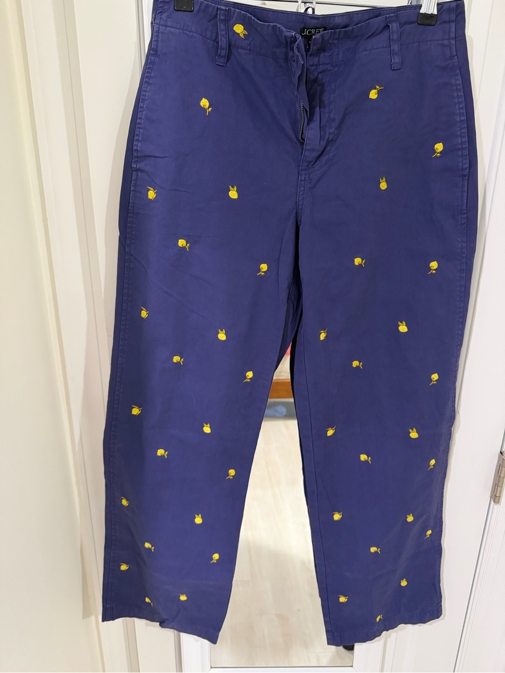 J. Crew Womenโs Blue chino pants Embroidered with Lemons